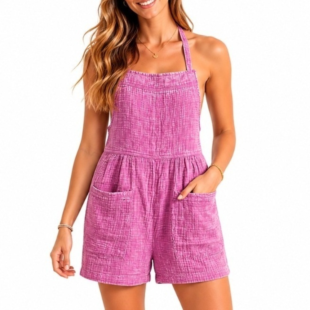 Zenana Women Pink Gauze Halter Short Jumper Romper Size M Relaxed Pockets I Bin